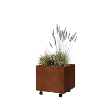 Cortenstål plantekasse - Firkant - 50 x 50 x 40 cm - Med bundplade - Met hjul