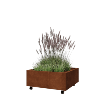 Cortenstål plantekasse - Firkant - 80 x 80 x 30 cm - Med bundplade - Met hjul