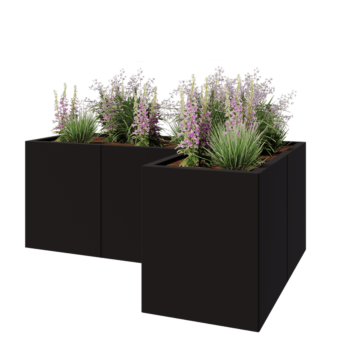 Stål plantekasse - L-formet - 150 x 100 x 60 cm - RAL9005 mat (sort) - Med bundplade