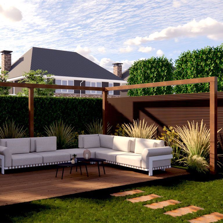 Pergola af cortenstål hjørnekombination 600 x 412 cm