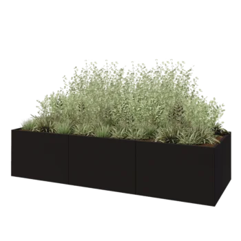 Stål plantekasse XXL - Rektangel - 360 x 120 x 80 cm - RAL9005 mat (sort) - Med bundplade