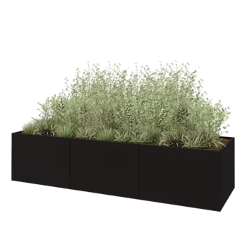 Stål plantekasse XXL - Rektangel - 360 x 100 x 80 cm - RAL9005 mat (sort) - Med bundplade