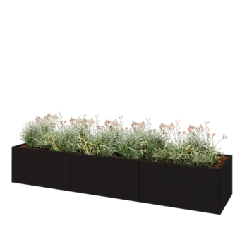 Stål plantekasse XXL - Rektangel - 360 x 80 x 60 cm - RAL9005 mat (sort) - Med bundplade