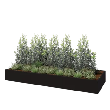 Stål plantekasse XXL - Rektangel - 360 x 120 x 40 cm - RAL9005 mat (sort) - Med bundplade