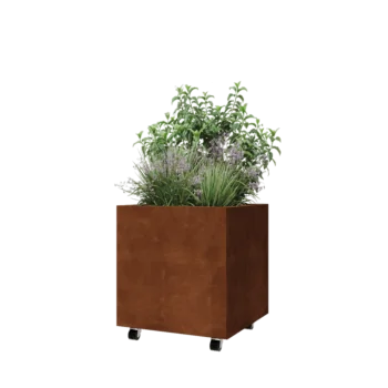 Cortenstål plantekasse - Firkant - 60 x 60 x 60 cm - Med bundplade - Met hjul