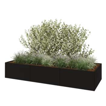 Stål plantekasse XXL - Rektangel - 360 x 120 x 60 cm - RAL9005 mat (sort) - Med bundplade