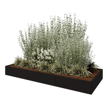 Stål plantekasse XXL - Rektangel - 300 x 120 x 30 cm - RAL9005 mat (sort) - Med bundplade