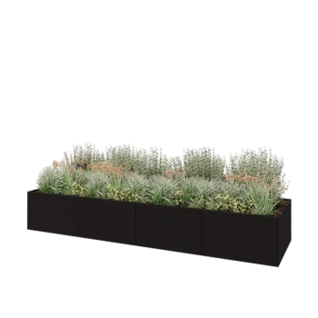 Stål plantekasse XXL - Rektangel - 400 x 100 x 60 cm - RAL9005 mat (sort) - Uden bundplade